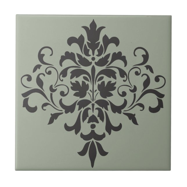 Damask Monogram in Elegangrau und Schwarz Fliese (Vorderseite)