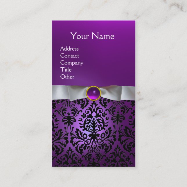 DAMASK MONOGRAM lila weißes Band Visitenkarte (Vorderseite)
