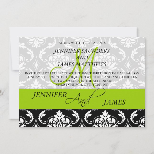Damask Monogram Names Green Hochzeit Einladung (Vorderseite)