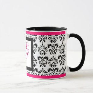 DAMASK MONOGRAM, Pink Fuchsia Schwarz-weiße Blume Tasse