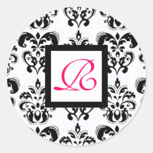 DAMASK MONOGRAM, rosa Fuchsie Runder Aufkleber
