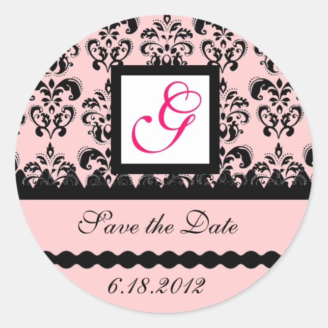 DAMASK MONOGRAM, rosa Fuchsie Runder Aufkleber (Vorderseite)