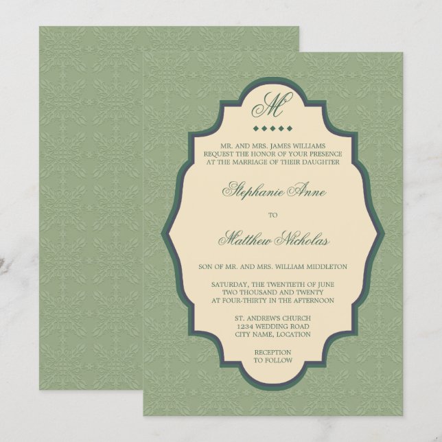 Damask Monogram Sage Green Wedding Einladung (Vorne/Hinten)