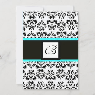 DAMASK MONOGRAM, schwarz und weiß, blau türkis Einladung
