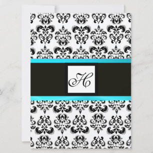 DAMASK MONOGRAM,schwarz und weiß,blau türkis Einladung