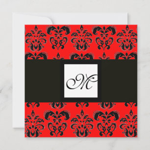 DAMASK MONOGRAM,schwarz und weiß, rot Einladung