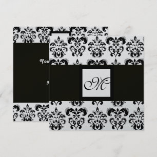 DAMASK MONOGRAM,schwarz und weiß,silber metallisch Einladung