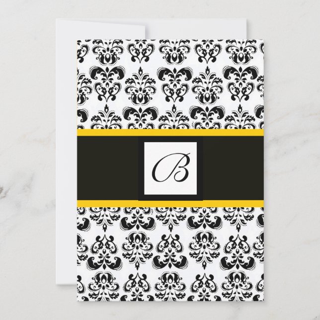 DAMASK-MONOGRAM, schwarz-weiß, gelb Einladung (Vorderseite)