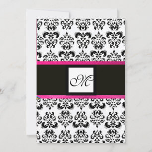 DAMASK MONOGRAM, schwarz weiß, rosa fuchsia violet Einladung