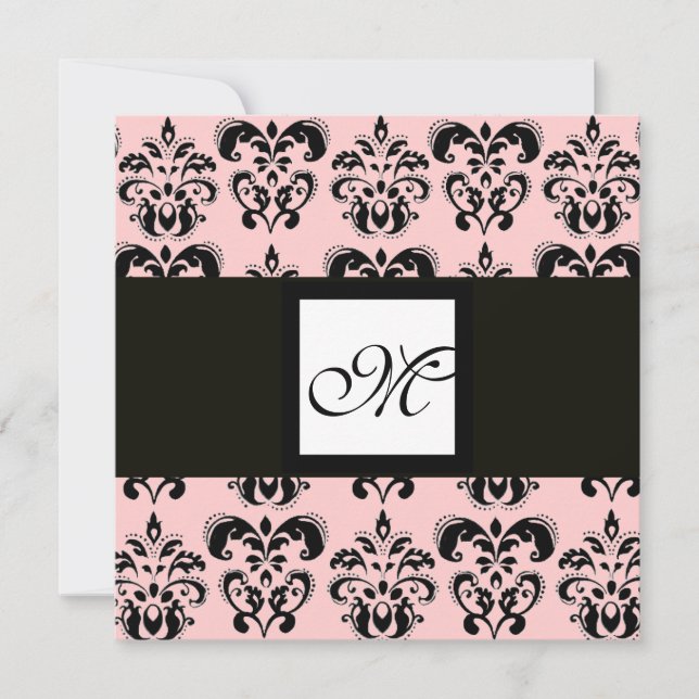 DAMASK-MONOGRAM, schwarzweiß, rosa Einladung (Vorderseite)