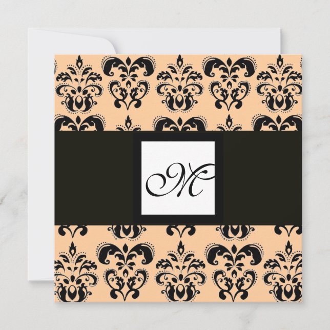 DAMASK-MONOGRAM, schwarzweiß, rosa Einladung (Vorderseite)