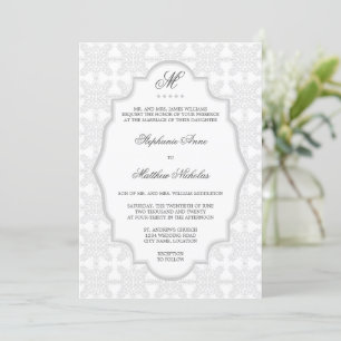 Damask Monogram Silver Gray Wedding Einladung