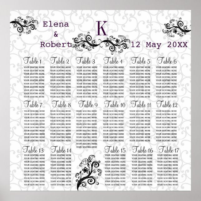 Damask Monogram Wedding Chart Poster (Vorne)