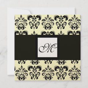 DAMASK MONOGRAMM,schwarz und weiß,gold metallisch Einladung