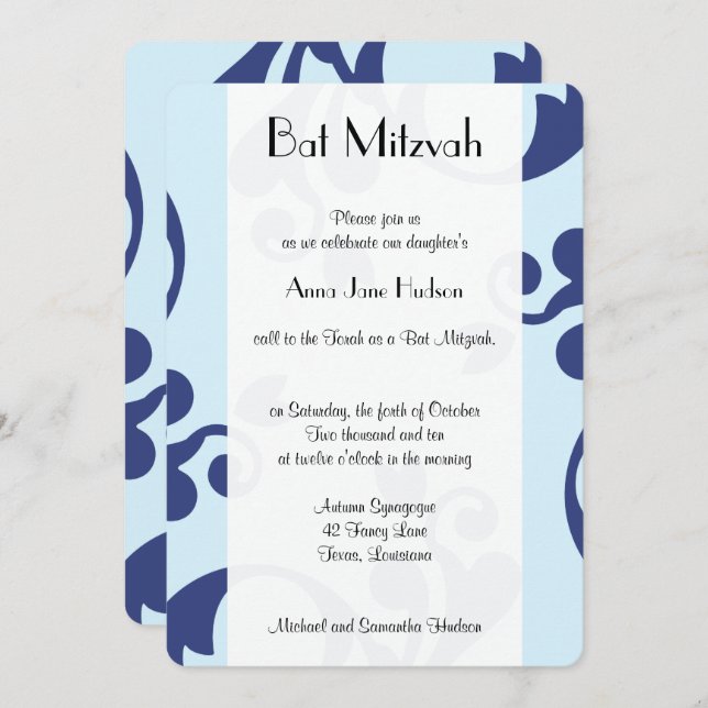 Damask Muster, Blue Damask, Bat Mitzvah Einladung (Vorne/Hinten)