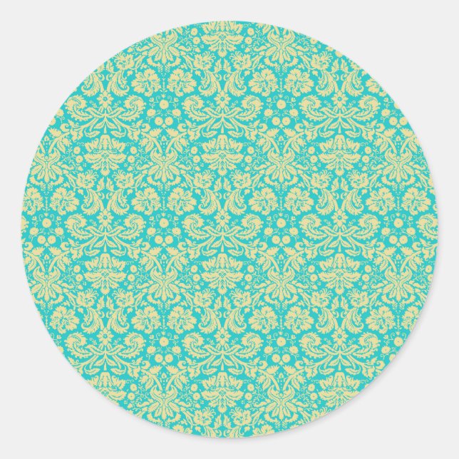Damask Muster, Blue Damask, französischer Damaske Runder Aufkleber (Vorderseite)
