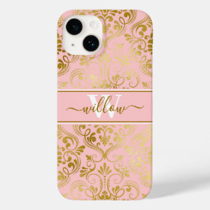 Damask Muster Blush Pink Goldname Monogram Case-Mate iPhone 14 Hülle