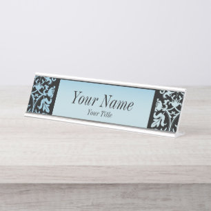 Damask Muster in Aqua Blue und Black   DIY Text Schreibtischnamensplakette