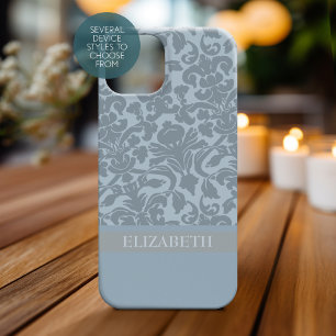 Damask Muster mit Monogram - blau iPhone 15 Mini Hülle