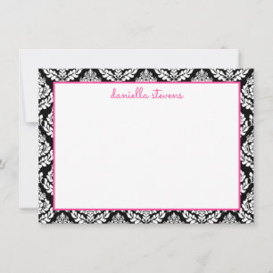 Damask Muster Pink und Personalisiert Schwarz Mitteilungskarte