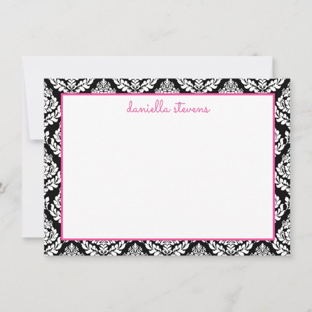 Damask Muster Pink und Personalisiert Schwarz Mitteilungskarte (Vorderseite)