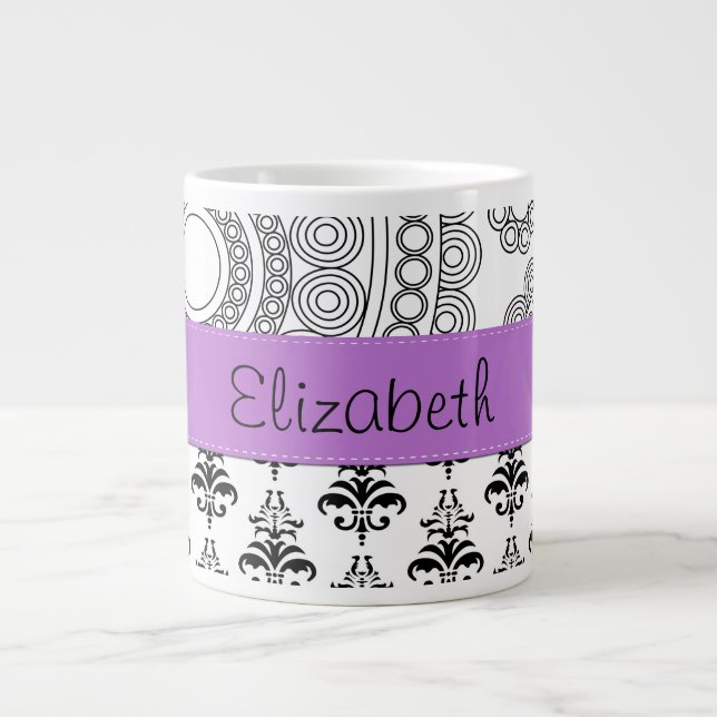 Damask Muster, Schwarz und Weiß Damask, Ihr Name Jumbo-Tasse (Vorderseite)