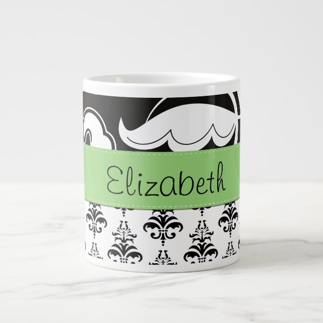 Damask Muster, Schwarz und Weiß Damask, Ihr Name Jumbo-Tasse (Vorderseite)