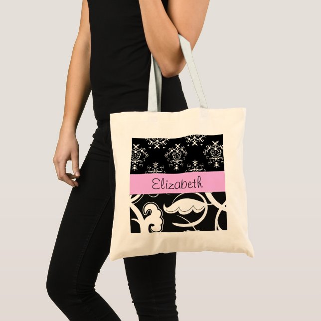 Damask Muster, Schwarz und Weiß Damask, Ihr Name Tragetasche (Vorderseite (Produkt))