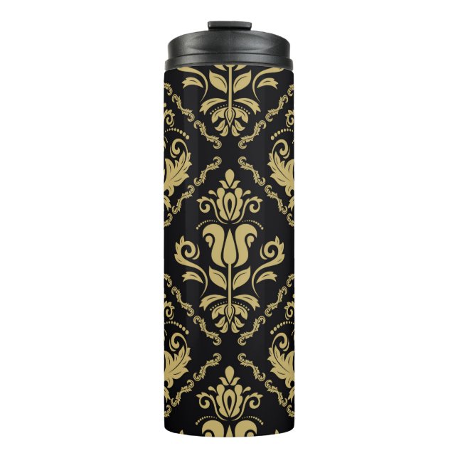 Damask nahtlose schwarz-goldene Ornamente. Traditi Thermosbecher (Vorderseite)