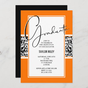 Damask Orange Black Graduation Party Einladung