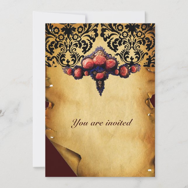 DAMASK PARCHMENT UND PINK KORALE ROSE EINLADUNG (Vorderseite)