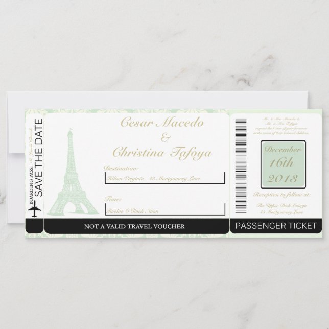 Damask Paris Boarding Pass Einladung Hochzeit (Vorderseite)