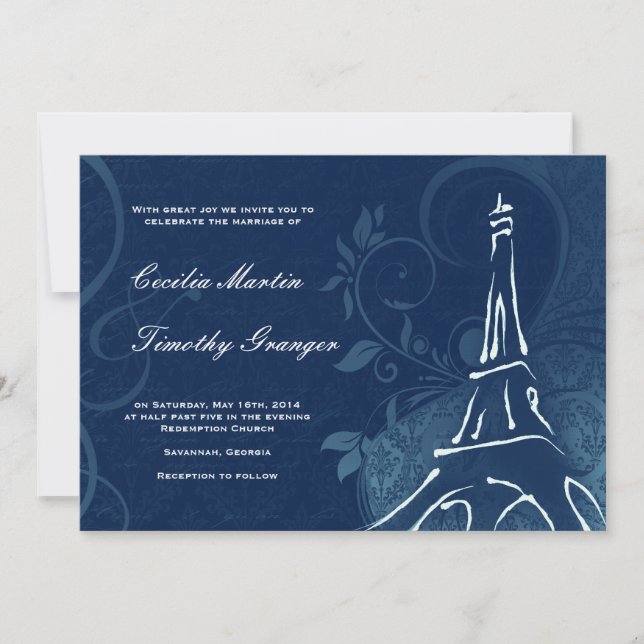 Damask Parisienne - Dark Sapphire Blue Wedding Einladung (Vorderseite)