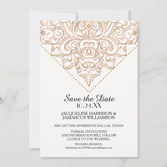 Damask Pattern Gold Dot Lace Save the Date Foto (Vorderseite)