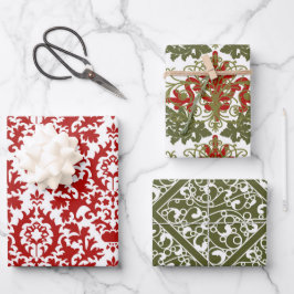 Damask Pattern Green Red White Christmas Geschenkpapier Set