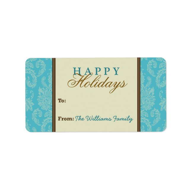 Damask Pattern Holiday Geschenk Tag (aqua/braun) Adressaufkleber (Vorne)
