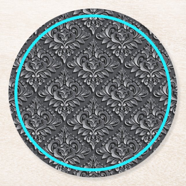 Damask Pattern Schwarzer Hintergrund-23961 Runder Pappuntersetzer (Vorderseite)