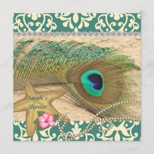 DAMASK PEACOCK BEACH BRIDAL SHOWER INVITATION EINLADUNG