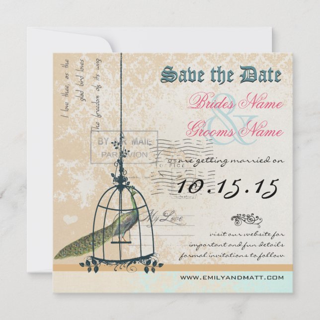 Damask Peacock Bird Cage Wedding Save the Date (Vorderseite)