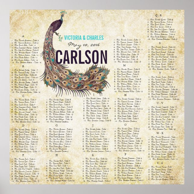 Damask Peacock Elegance Eggplant Gold SeatingChart Poster (Vorne)