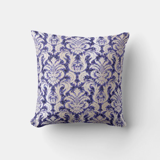 Damask Pearly Ivory Glitzer Blue Navy Indigo Lux Kissen (Vorderseite)