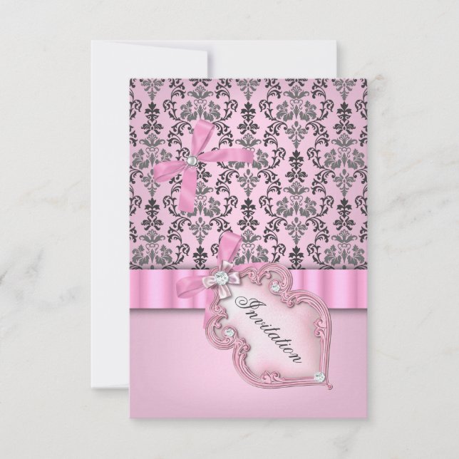 Damask Pink Gray Silver Geburtstagsparty Einladung (Vorderseite)