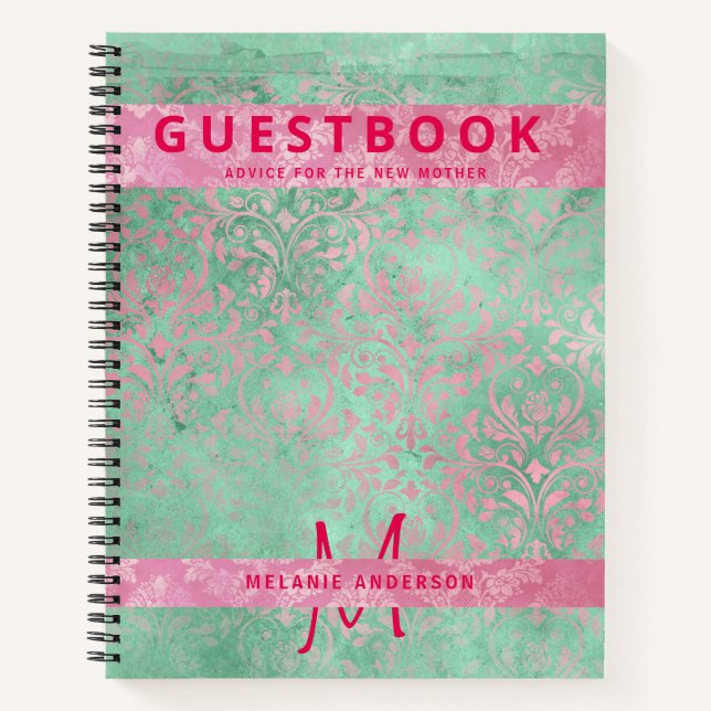 Damask Pink Mint Green Baby Showbook Notizbuch (Vorderseite)