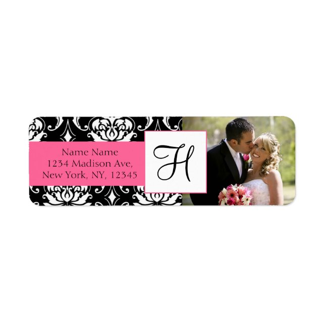 Damask Pink Monogram Foto Wedeladressen Labels (Vorne)