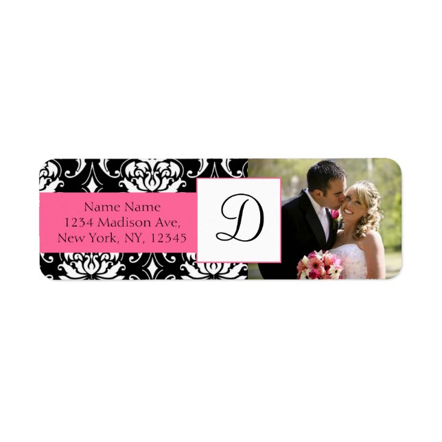 Damask Pink Monogram Foto Wedeladressen Labels (Vorne)