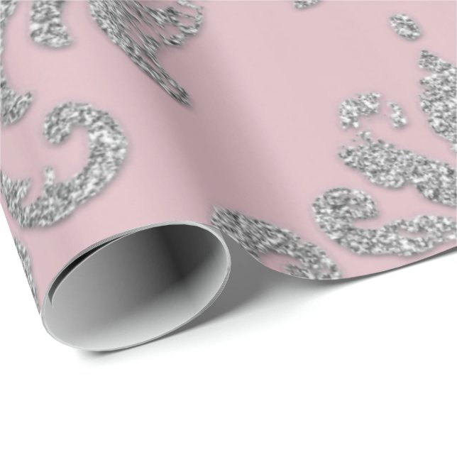 Damask Pink Pastel Royal Metallic Silver Glitzer Geschenkpapier (Rolleneckpunkt)