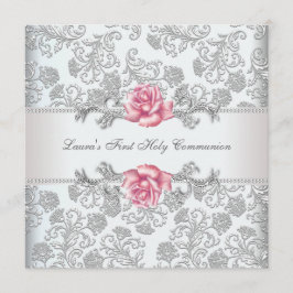 Damask Pink Rose Girls Erste Kommune Einladung