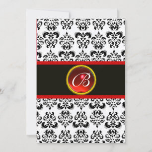 DAMASK RED RUBY MONOGRAM, schwarz-weiß Einladung