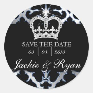 Damask Rett Date Wedding Stickers Blue Crown