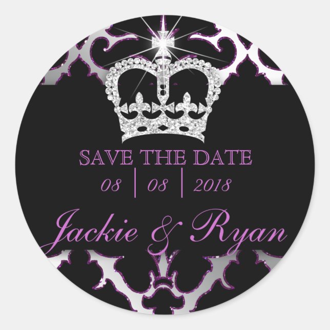 Damask Rett Date Wedding Stickers Lila Crown (Vorderseite)